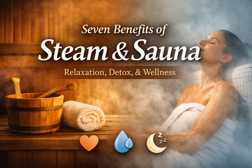 Infographic showing seven health benefits of steam rooms and saunas including stress relief, improved circulation, detoxification, muscle recovery, respiratory support, healthier skin, and better sleep