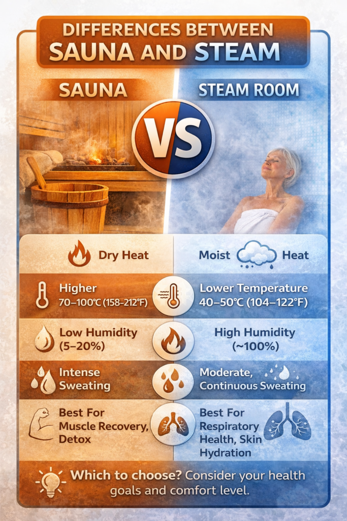 Sauna vs steam room comparison showing a dry wooden sauna on one side and a steamy steam room on the other, highlighting the differences between sauna and steam therapy for health and wellness