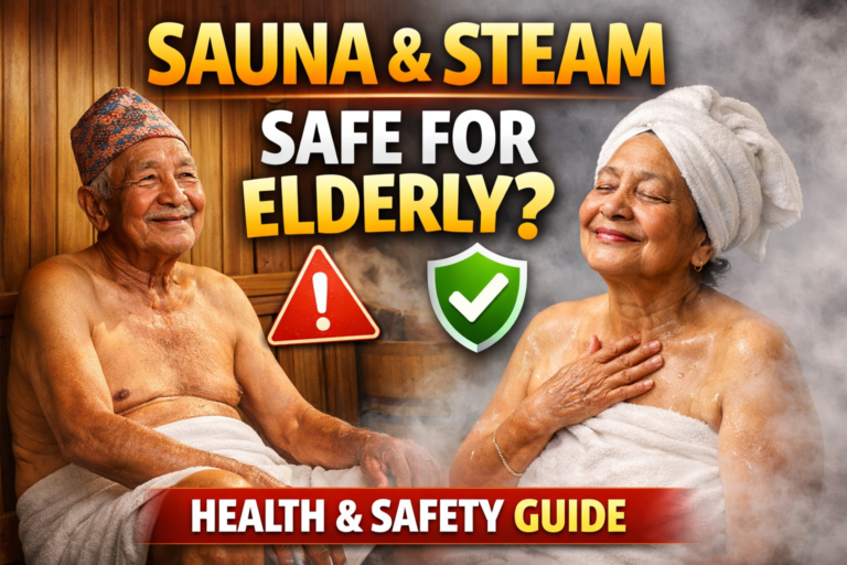 Elderly Thakali person enjoying safe steam room therapy in a Himalayan wellness setting in Nepal