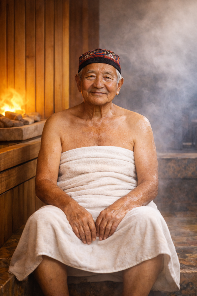Elderly Thakali person enjoying safe steam room therapy in a Himalayan wellness setting in Nepal